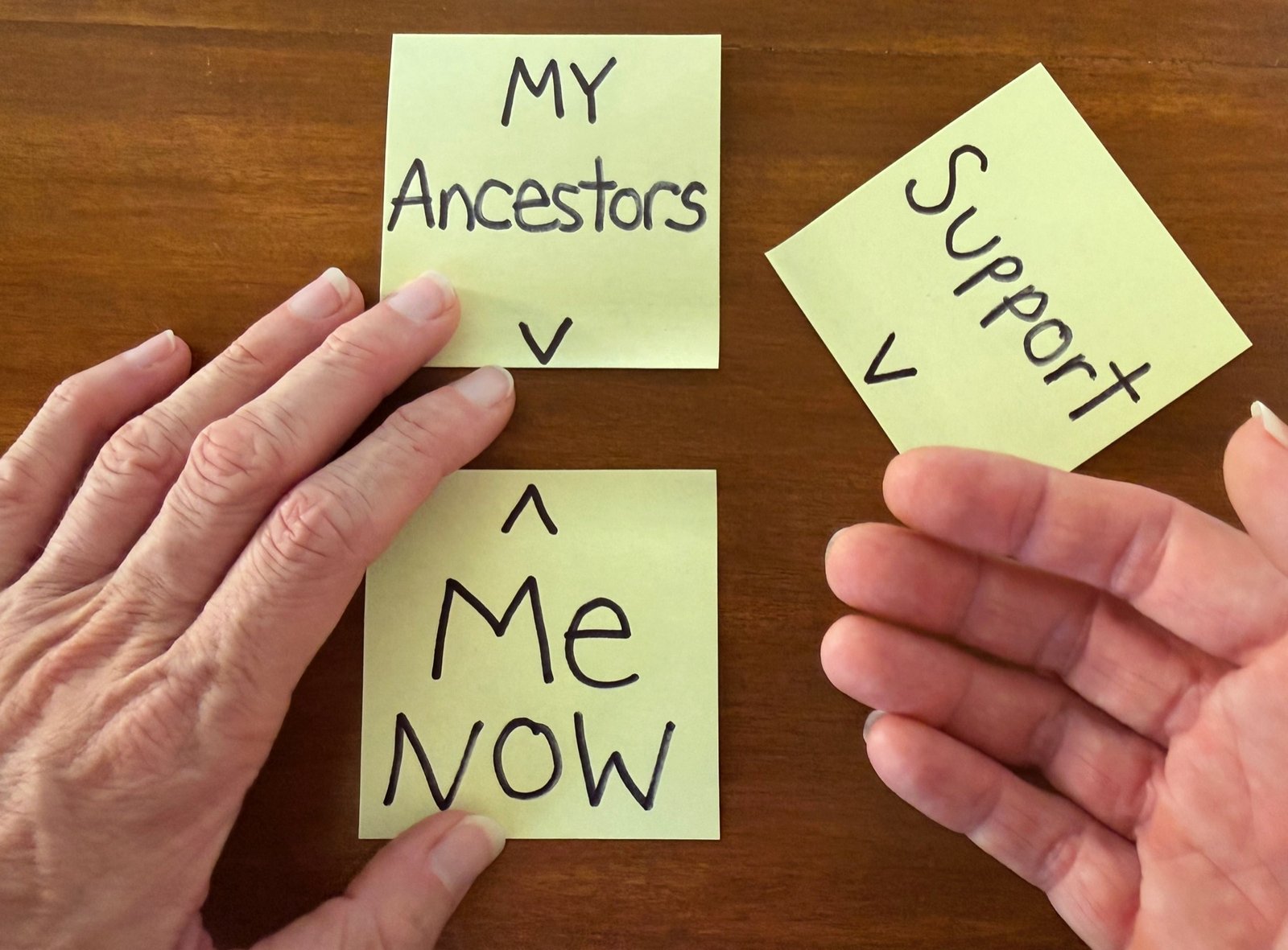 A tabletop Constellation showing 'My Ancestors,' 'Me Now,' and 'Support'