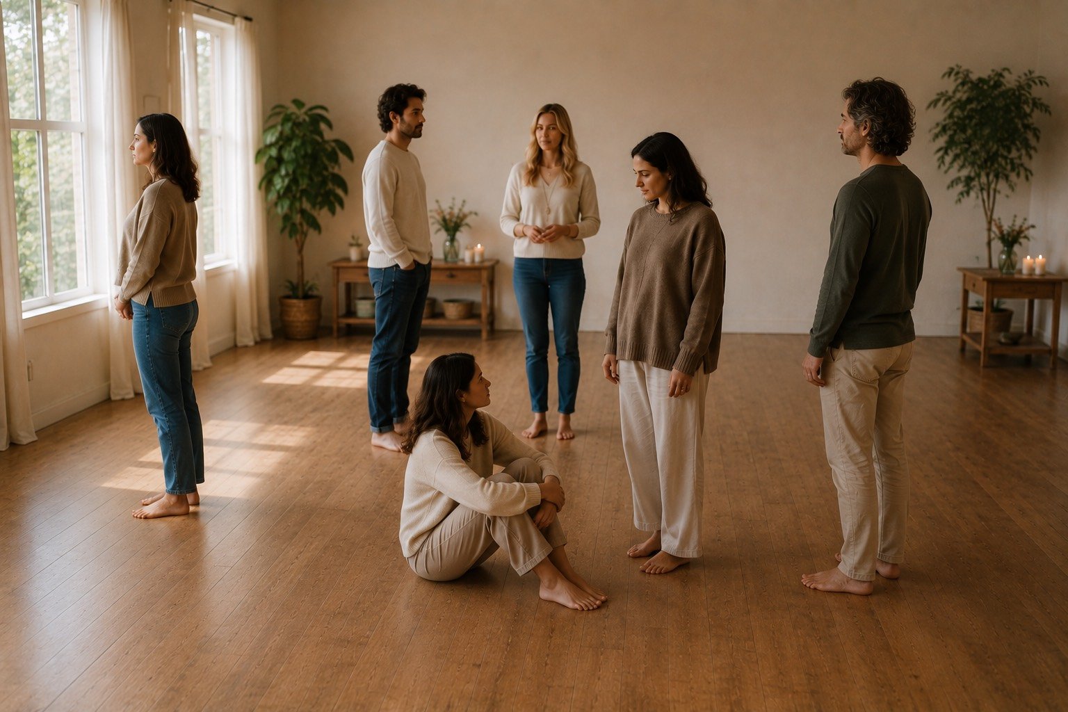 Participants in a Family Constellations workshop standing in representation during a guided group session