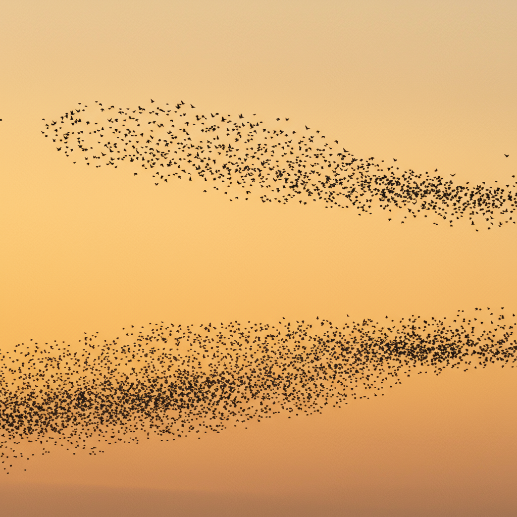 A flock of starling birds moving in unison