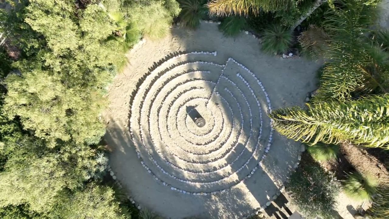 Overhead view of the stone labyrinth at Equanimity Ranch